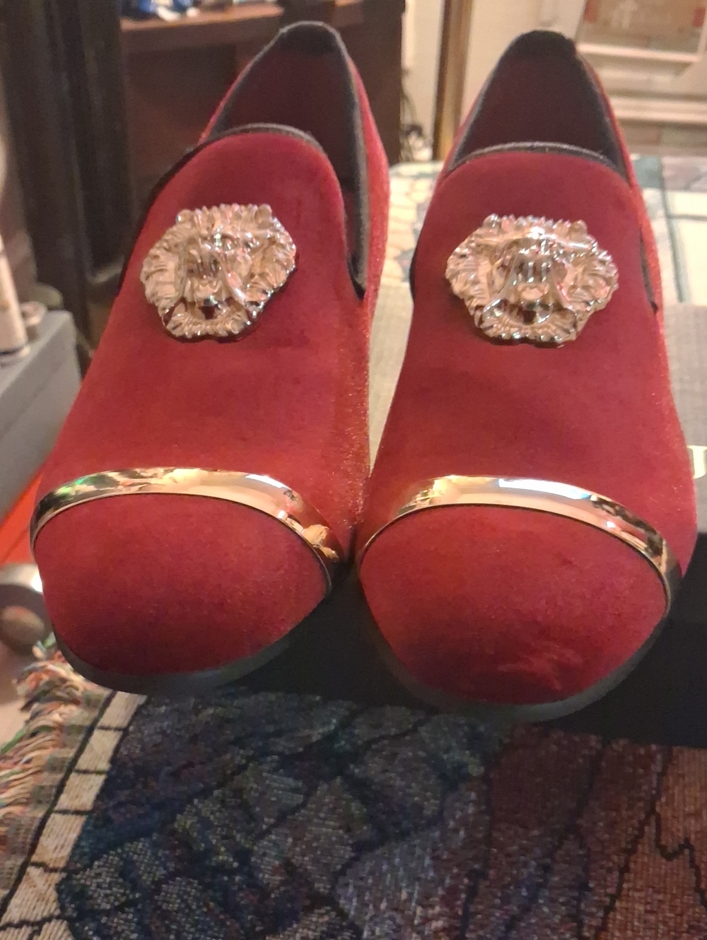 Mens Red Velvet Mules with Gold Lion Emblem